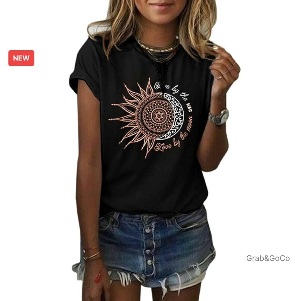 Vintage Moon Sun Printed Cotton Tee Y2K Retro Chic Classic Fit Tops